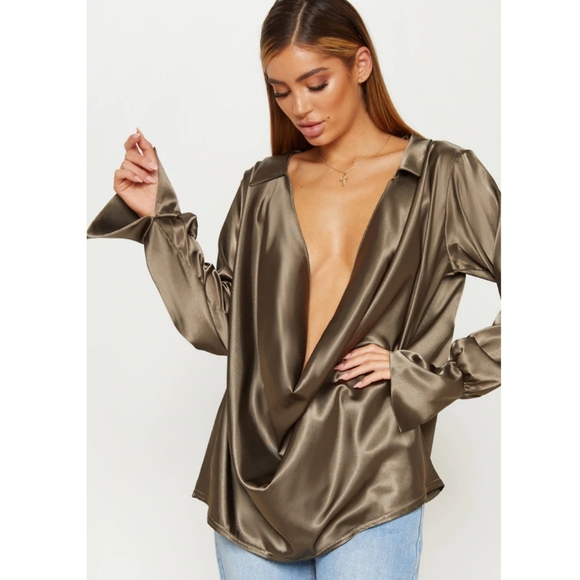 PrettyLittleThing Tops - PrettyLittleThing Khaki Cowl Satin Shirt NWT SZ 10